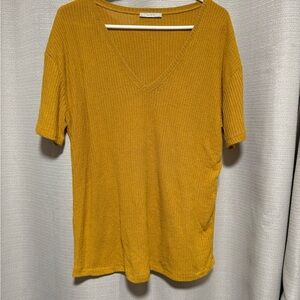 Zara Mustard V-Neck Ribbed Short Sleeve Top